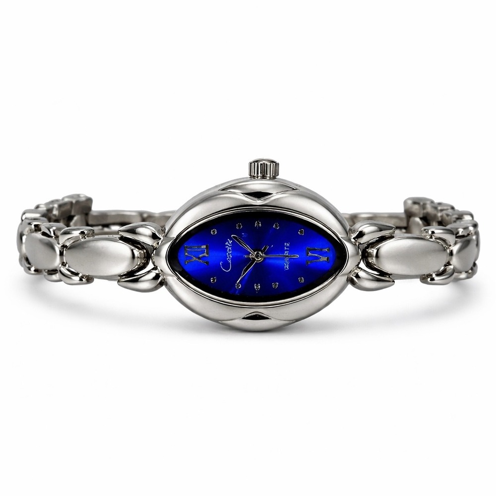 Cosette Womens Dress Watch Silver Tone Blue Dial Oval Case Japan Quartz Movement
